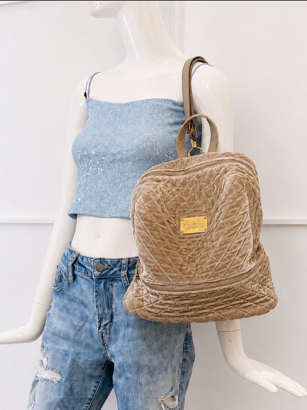 🍒 BEBE Y2K Quilted Tan Velvet Backpack Taupe Gold Tag Adjustable Straps
